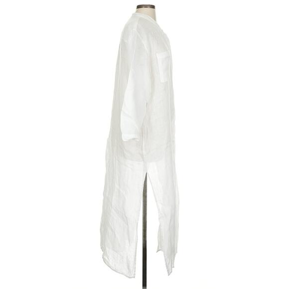 Enzo Costa 100% White Linen Collarless Bracelet Length Sleeve Shirt Dress 3 L - Picture 6 of 12